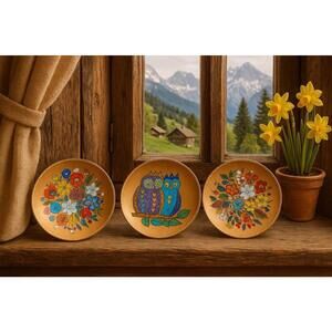 Brimmer-Email Austria 1960s 3 Enamel Trinket Dishes Owls Flowers Gold Tone, 6x1”